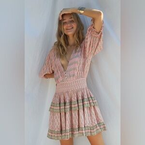 Jen’s Pirate Booty Daydream Petit Mini Dres Pink Green Mini Ruffle Boho Dress XS